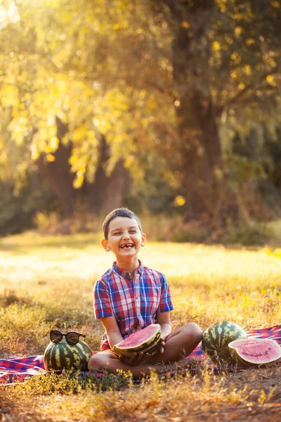 Happy Smiling Kid Eating Ripe Watermelon Summer Park — Stock Photo, Image
