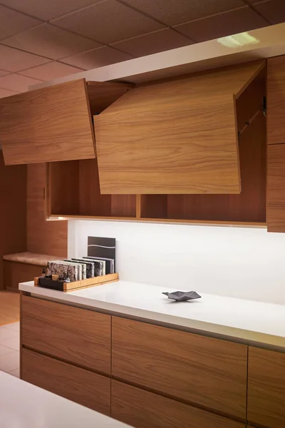 Modern Kitchen exhibition made of wood — Stock Photo, Image