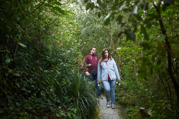 Tourists exploring a wild vegetation zone with a path on it