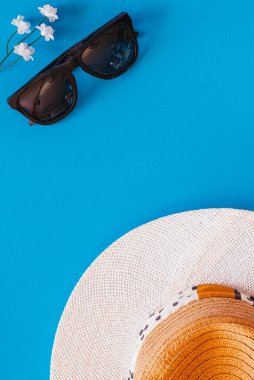 Yaza ve bahara bağlı nesnelerin düzlüğü bir sürü kopya alanı olan mavi bir arkaplana karşıdır