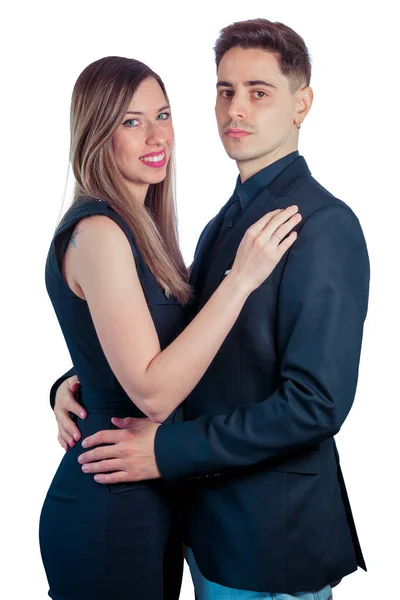 若いカップル黒の服を着た白い背景 — ストック写真