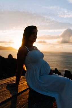 İspanya, Galiçya 'da okyanus manzarasına karşı hamile bir kadının silueti.