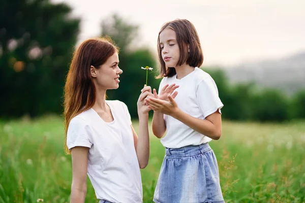 Junge Mutter Und Ihre Tochter Amüsieren Sich Auf Kamillenfeld — Stockfoto
