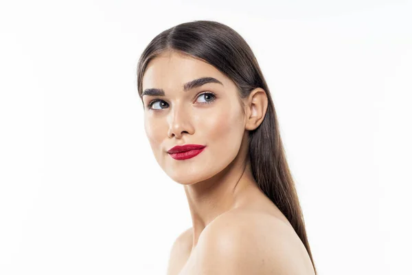 Portret Van Een Mooie Jonge Vrouw Met Rode Lippenstift Haar — Stockfoto