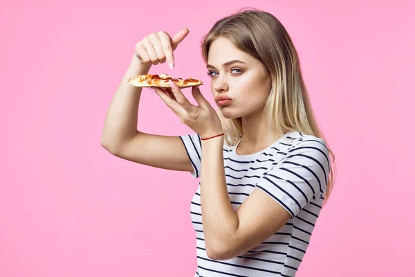Beautiful Woman Showing Pizza Isolated Background — Stock Photo, Image