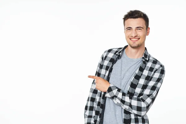 Jovem Apontando Com Dedo Estúdio Isolado Fundo Branco — Fotografia de Stock