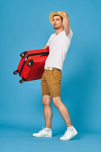 Young Man Red Suitcase Studio — Stock Photo, Image
