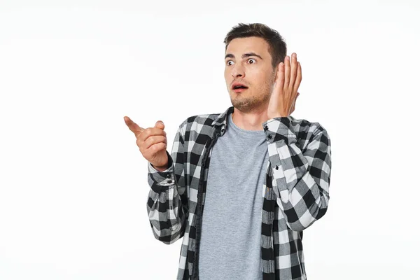 Young Handsome Confused Man Pointing Studio — Stock Photo, Image