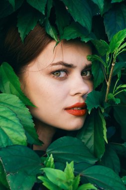 Yüzünde yapraklarla poz veren genç ve güzel bir kadın.