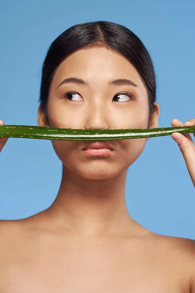 Joven Hermosa Mujer Asiática Posando Con Aloe Vera Hoja —  Fotos de Stock
