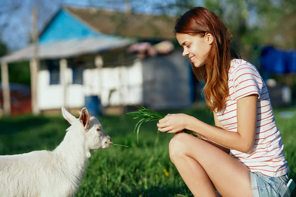 Mulher Com Pequeno Bode Bebê Bonito Fazenda — Fotografia de Stock