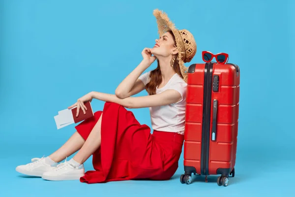 Young Woman Red Suitcase Studio — Stock Photo, Image