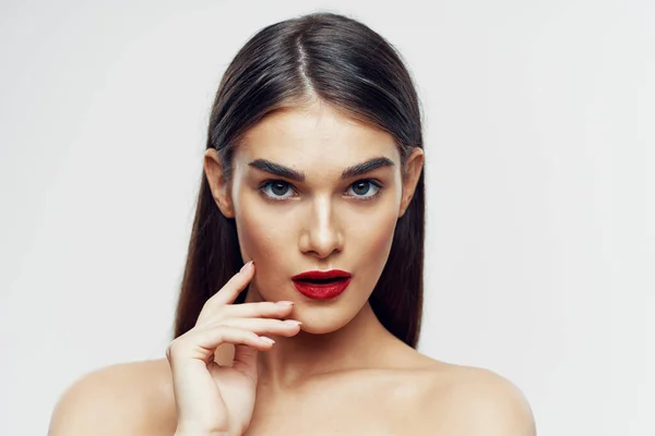 Portrait Jeune Belle Femme Avec Rouge Lèvres Rouge Sur Ses — Photo