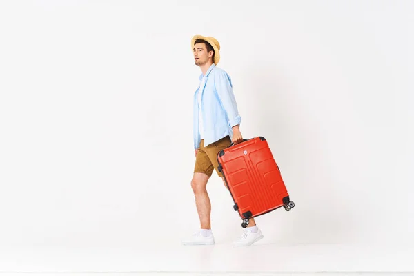 Jeune Homme Avec Valise Rouge Studio — Photo