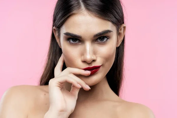 Portrait Jeune Belle Femme Avec Rouge Lèvres Rouge Sur Ses — Photo