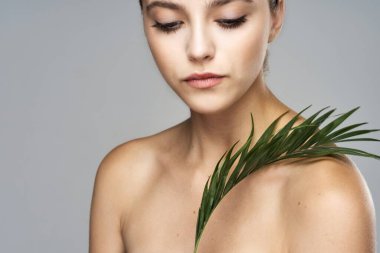 Stüdyoda yaprak ile poz veren genç güzel model.