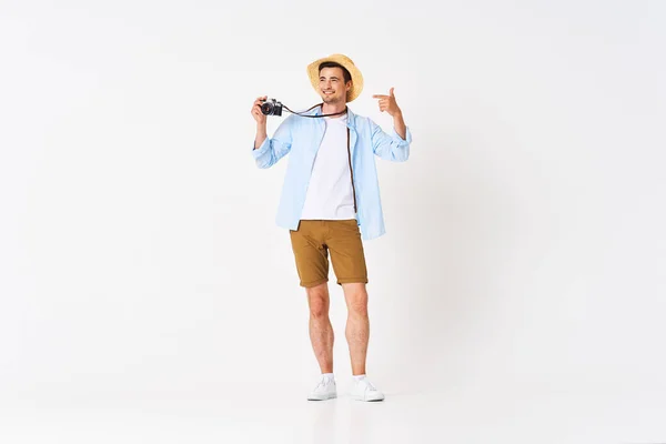 Junger Schöner Mann Tourist Mit Kamera Studio — Stockfoto