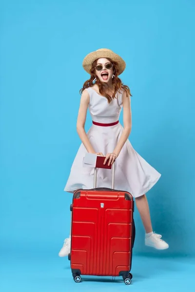 Young Woman Red Suitcase Studio — Stock Photo, Image