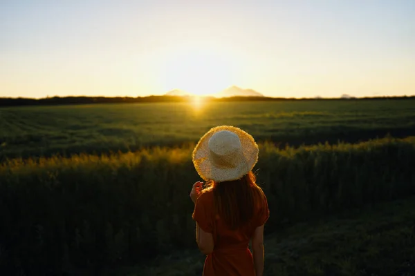 Jovem Posando Campo Trigo Pôr Sol — Fotografia de Stock