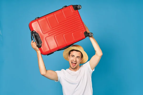 Young Man Red Suitcase Studio — Stock Photo, Image