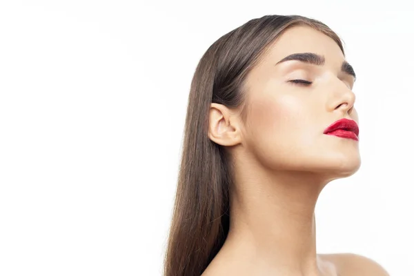 Retrato Jovem Mulher Bonita Com Batom Vermelho Nos Lábios Beleza — Fotografia de Stock