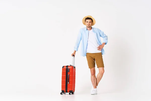 Young Man Red Suitcase Studio — Stock Photo, Image