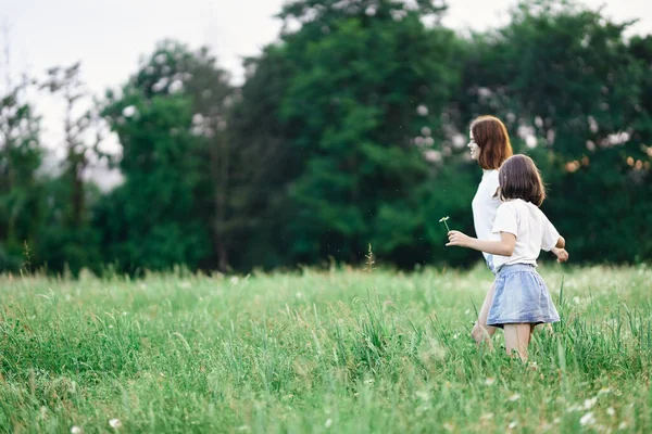 若いです母と彼女の娘持っています楽しいです上のカモミールフィールド — ストック写真