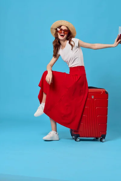 Young Woman Red Suitcase Studio — Stock Photo, Image