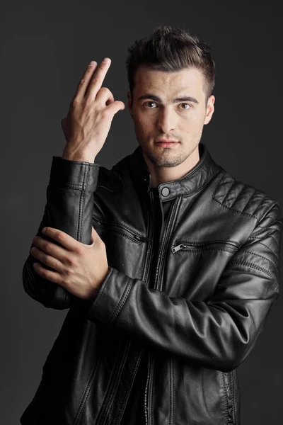 Portrait Handsome Man Posing Leather Jacket — Stock Photo, Image