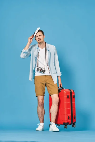 Young Man Red Suitcase Studio — Stock Photo, Image