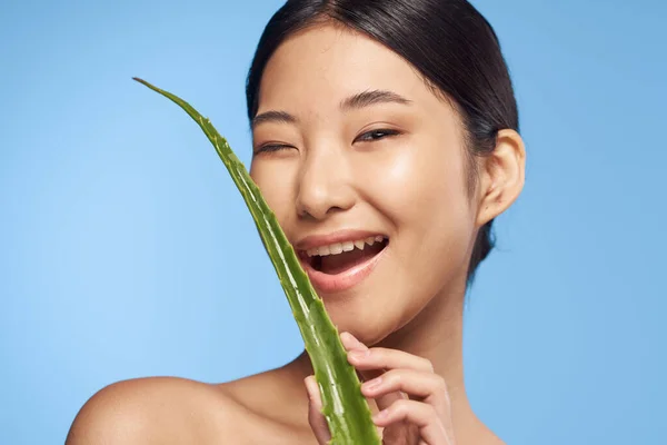 Joven Hermosa Mujer Asiática Posando Con Aloe Vera Hoja —  Fotos de Stock