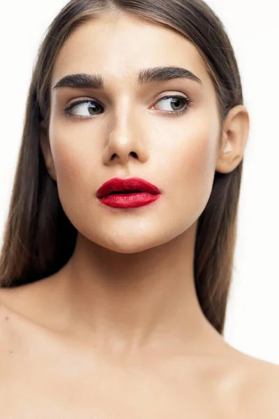 Retrato Jovem Mulher Bonita Com Batom Vermelho Nos Lábios Beleza — Fotografia de Stock