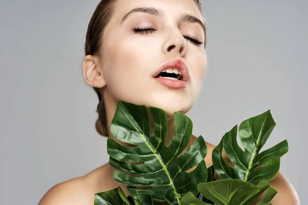 Jovem Modelo Bonito Posando Com Folhas Estúdio — Fotografia de Stock