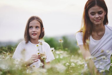 Genç anne ve kızı papatya tarlasında eğleniyorlar.