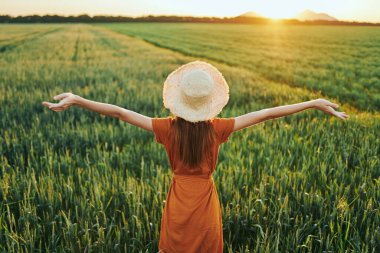 Gün batımında buğday tarlasında poz veren genç kadın.