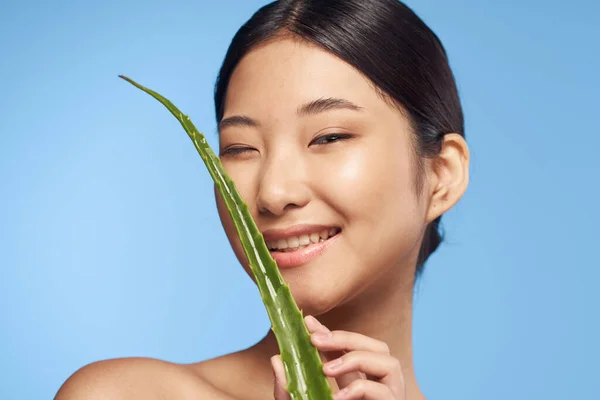 Joven Hermosa Mujer Asiática Posando Con Aloe Vera Hoja —  Fotos de Stock