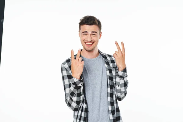 Young Man Victory Signs Studio Isolated White Background — Stock Photo, Image