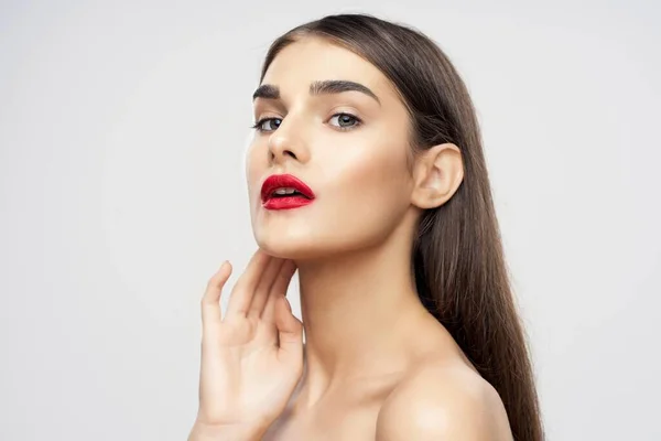 Portrait Jeune Belle Femme Avec Rouge Lèvres Rouge Sur Ses — Photo