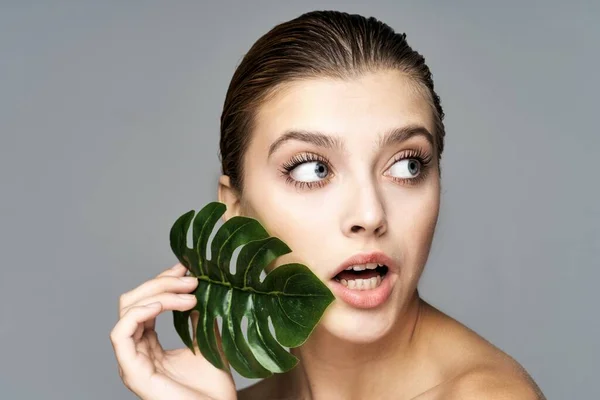 Jovem Modelo Bonito Posando Com Folha Estúdio — Fotografia de Stock