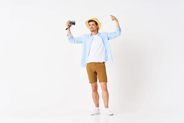 Junger Schöner Mann Tourist Mit Kamera Studio — Stockfoto