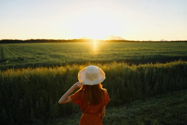 Jovem Posando Campo Trigo Pôr Sol — Fotografia de Stock