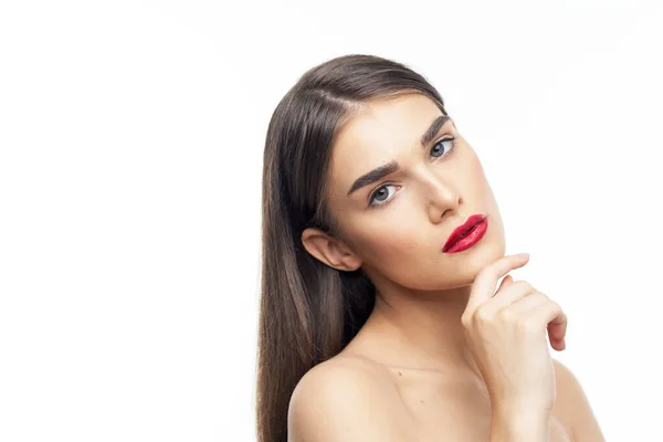 Retrato Jovem Mulher Bonita Com Batom Vermelho Nos Lábios Beleza — Fotografia de Stock