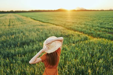 Gün batımında buğday tarlasında poz veren genç kadın.