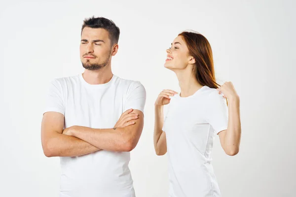 Young Beautiful Couple Shirts Posing Studio Isolated Background — Stock Photo, Image