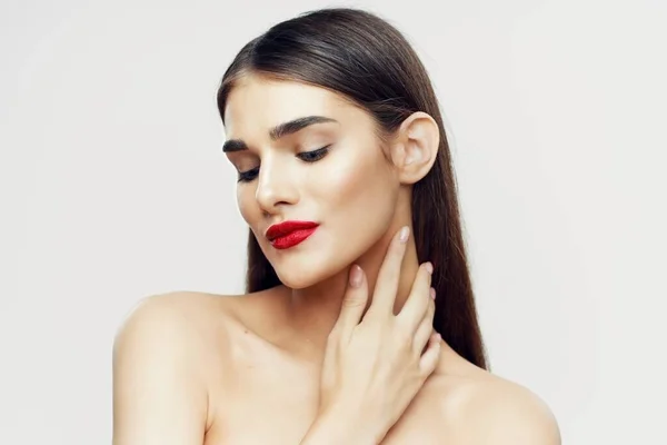 Retrato Jovem Mulher Bonita Com Batom Vermelho Nos Lábios Beleza — Fotografia de Stock