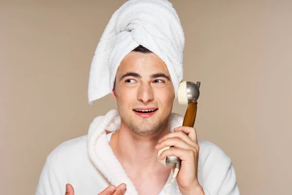 Young Man Bathrobe Talking Vintage Phone Studio Shot Isolated — Stock Photo, Image