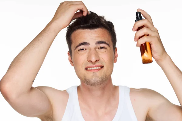 Studio Shot Young Handsome Man Using Hairspray — Stock Photo, Image