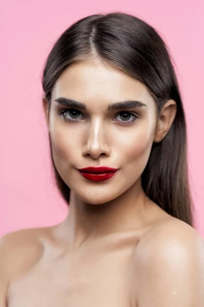 Portrait Jeune Belle Femme Avec Rouge Lèvres Rouge Sur Ses — Photo