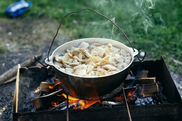 cooking food on bonfire in camp
