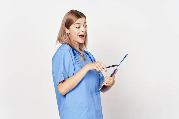 Young Woman Doctor Document Confused Isolated White Background — Stock Photo, Image